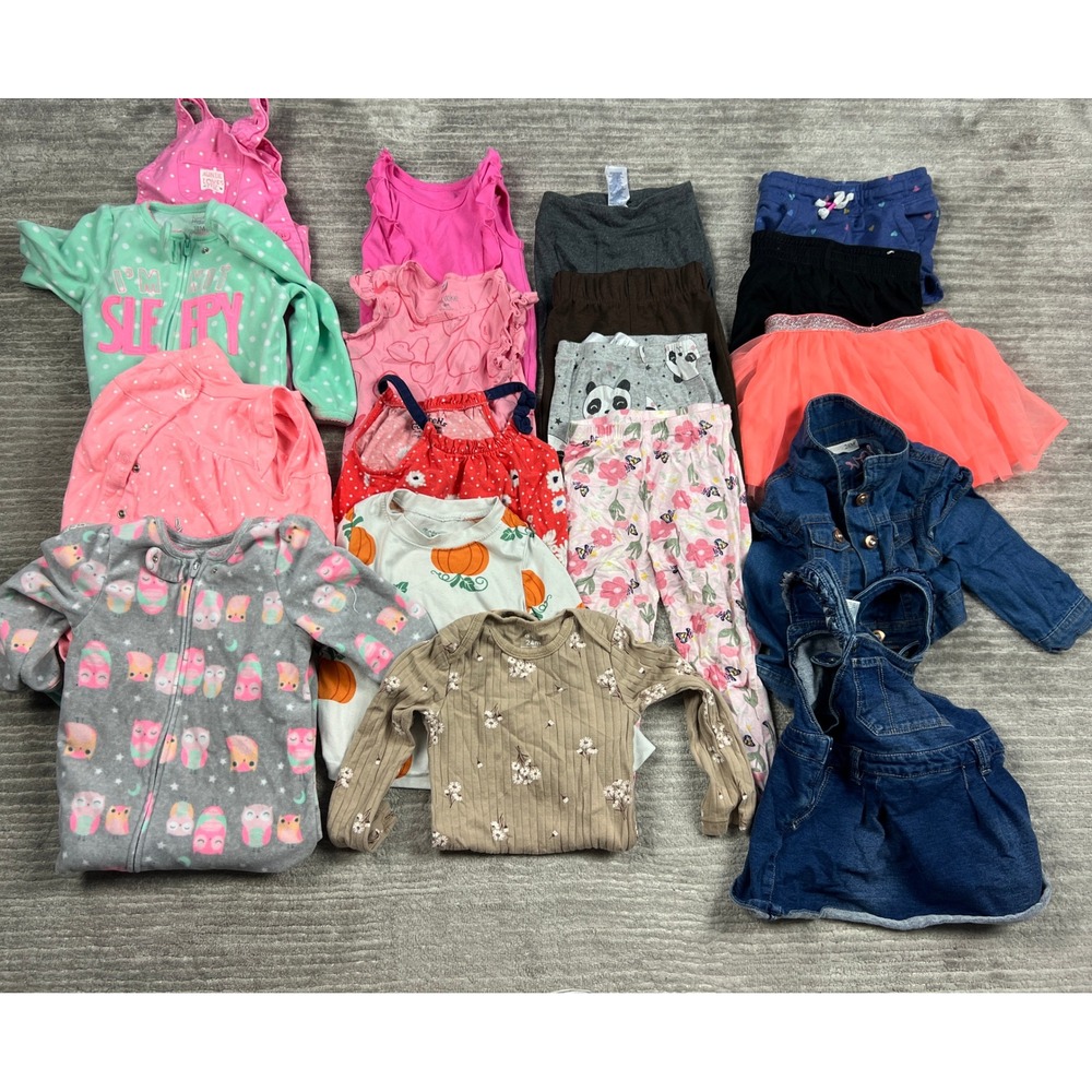 Lot of 18 Baby Girls 18M-2T Mixed Brand Clothing Pink Blue Denim Sleepers Sets